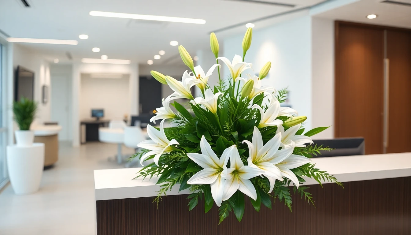 Arreglo floral corporativo en oficina de Quito